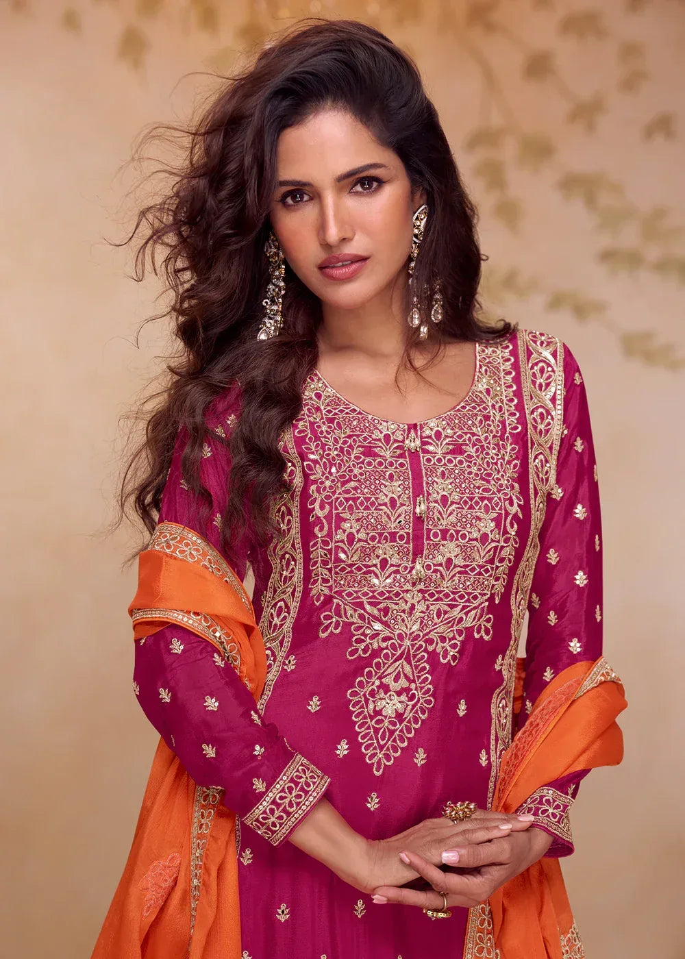 Nayoora Luxe Magenta Orange Chinon Handwork A-Line Palazzo Suit - Nayoora