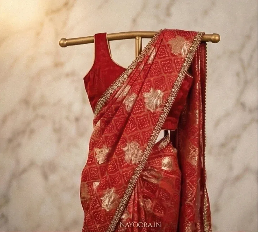 Nayoora Red Bandhani Georgette Saree with Maggham Work Blouse - Nayoora