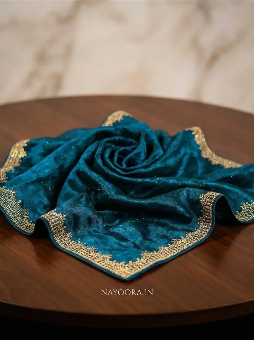 Nayoora Midnight Blue Shimmer Georgette Stone Border Saree - Nayoora