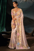 Nayoora Champagne Gold Silk Saree with Floral Embroidery