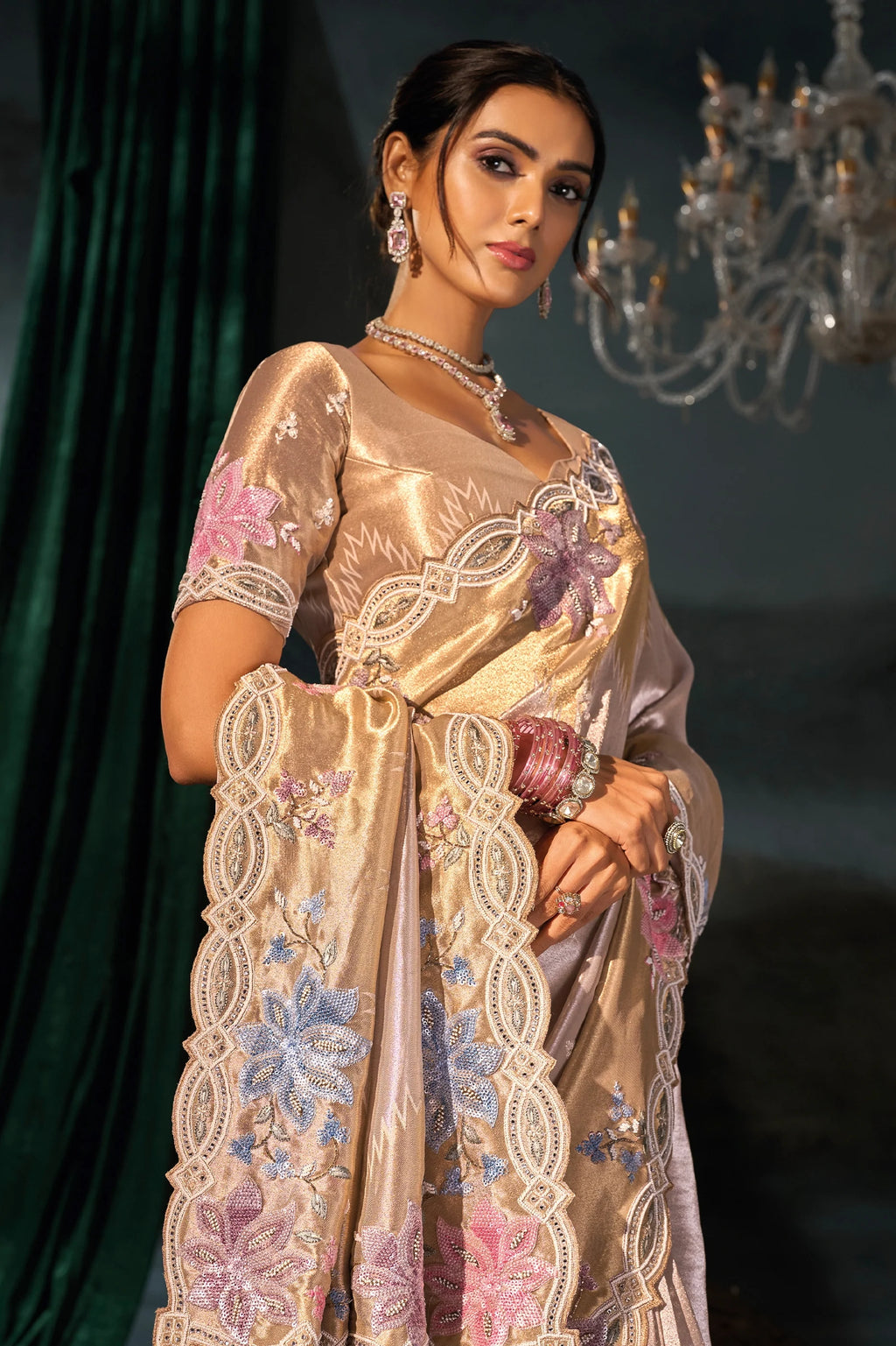 Nayoora Champagne Gold Silk Saree with Floral Embroidery