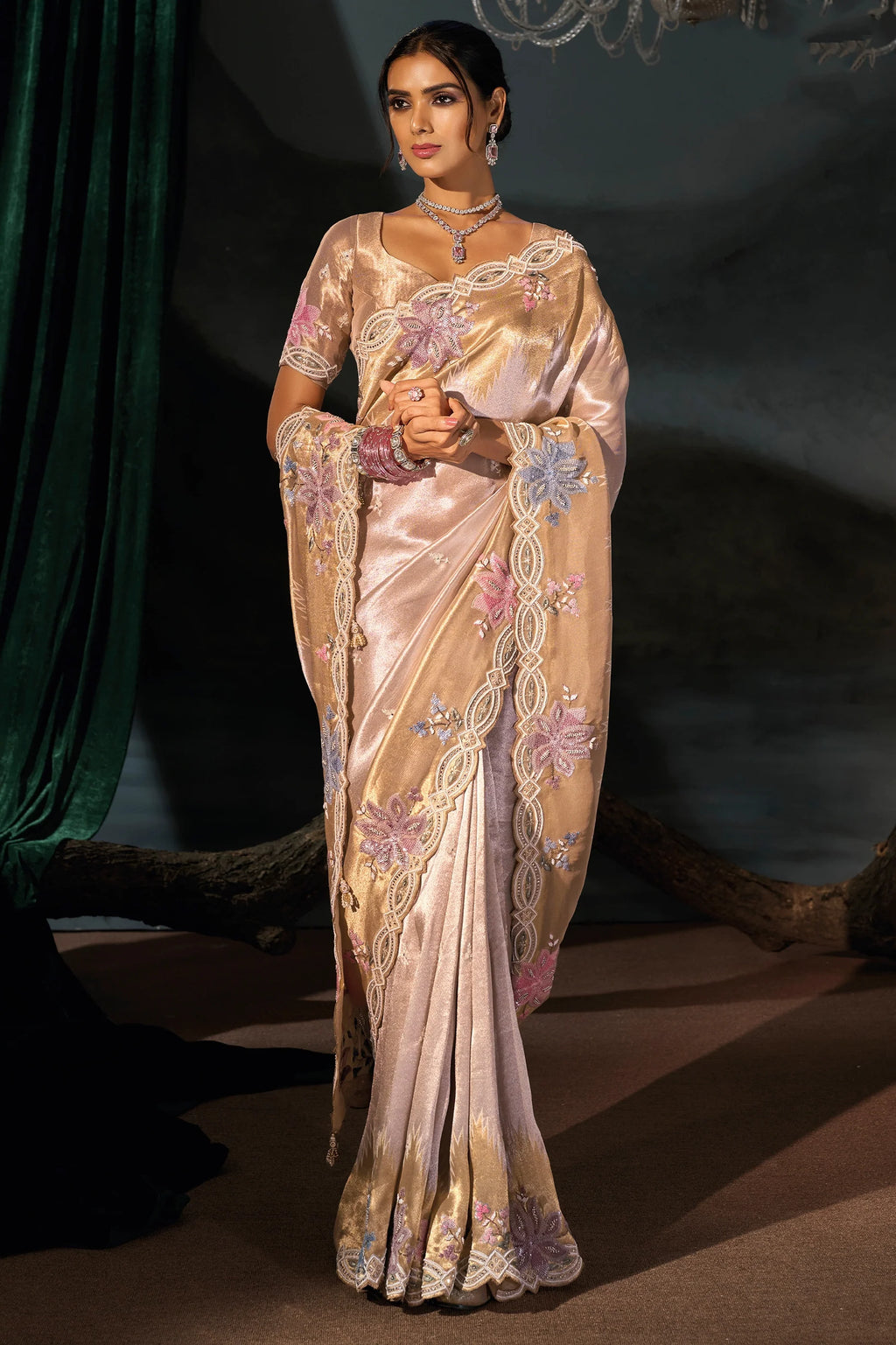 Nayoora Champagne Gold Silk Saree with Floral Embroidery
