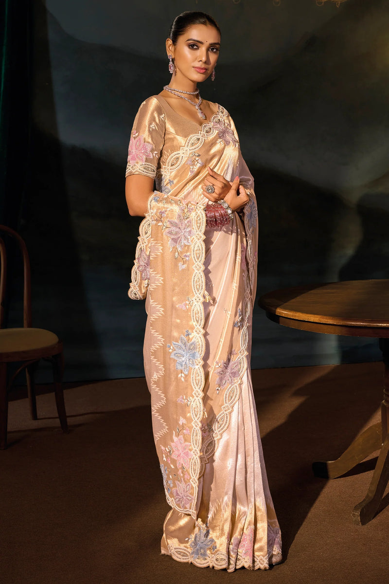 Nayoora Champagne Gold Silk Saree with Floral Embroidery