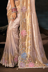 Nayoora Champagne Gold Silk Saree with Floral Embroidery