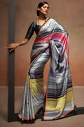 Nayoora Grey Multicolor Striped Digital Print Sattin Crepe Designer Saree