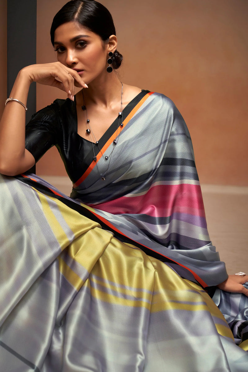 Nayoora Grey Multicolor Striped Digital Print Sattin Crepe Designer Saree