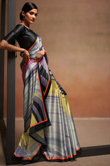 Nayoora Grey Multicolor Striped Digital Print Sattin Crepe Designer Saree