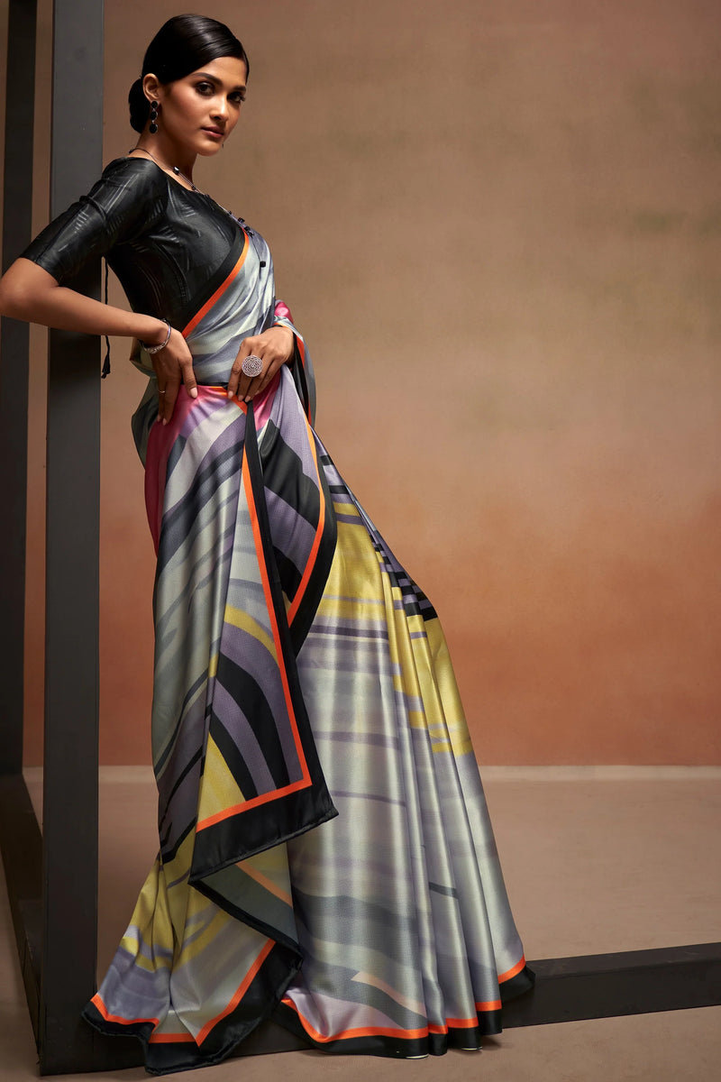 Nayoora Grey Multicolor Striped Digital Print Sattin Crepe Designer Saree