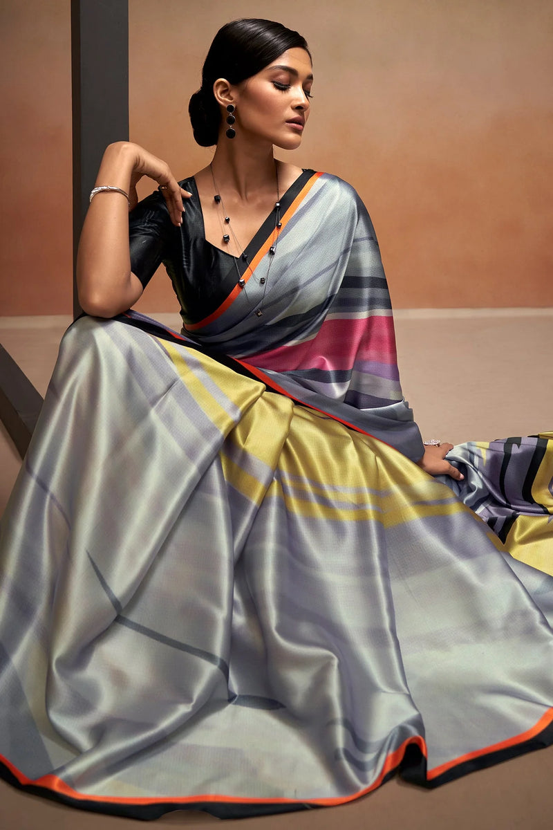 Nayoora Grey Multicolor Striped Digital Print Sattin Crepe Designer Saree