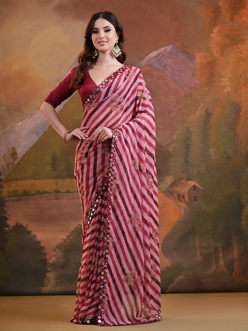 Nayoora Blush Pink Heavy Georgette Foil Print Saree with Mirror Lace Border