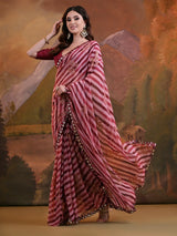 Nayoora Blush Pink Heavy Georgette Foil Print Saree with Mirror Lace Border