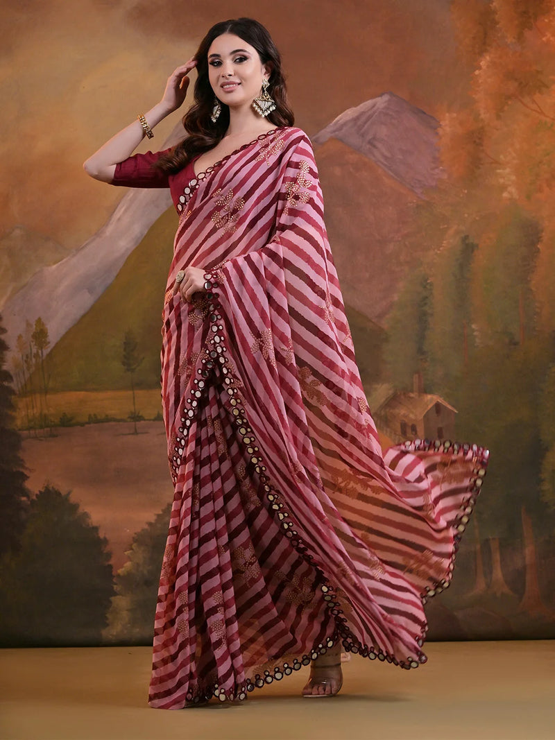 Nayoora Blush Pink Heavy Georgette Foil Print Saree with Mirror Lace Border