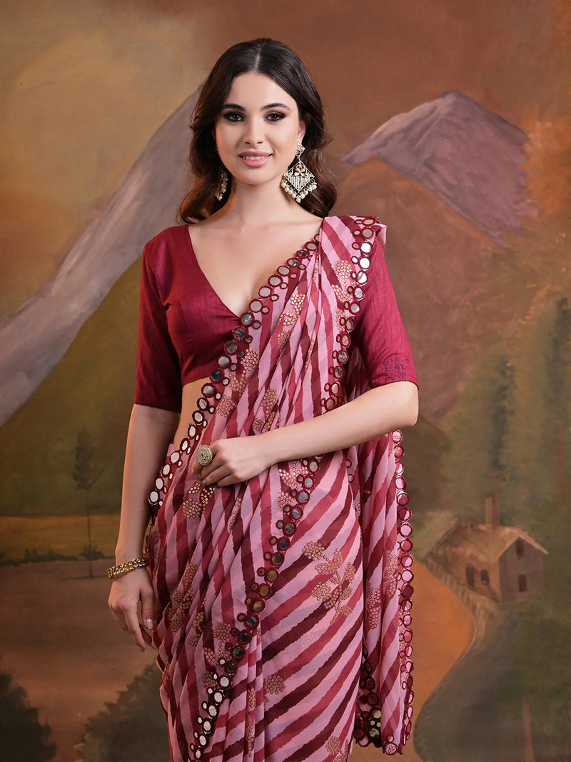 Nayoora Blush Pink Heavy Georgette Foil Print Saree with Mirror Lace Border