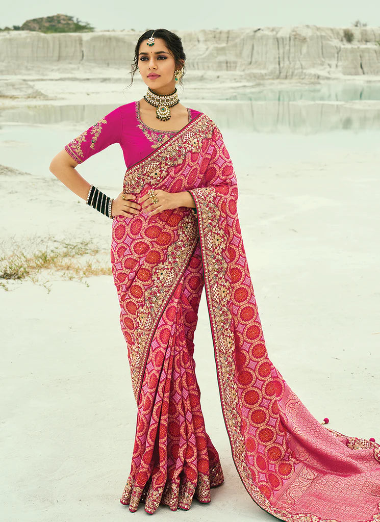 Nayoora Regal Rani Pink Georgette Embroidered Saree