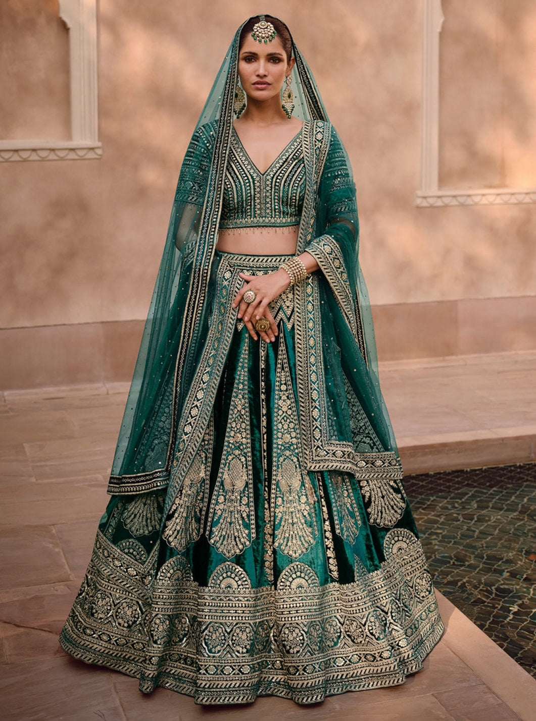 Nayoora Heritage Emerald Velvet Hand-Embellished Bridal Lehenga