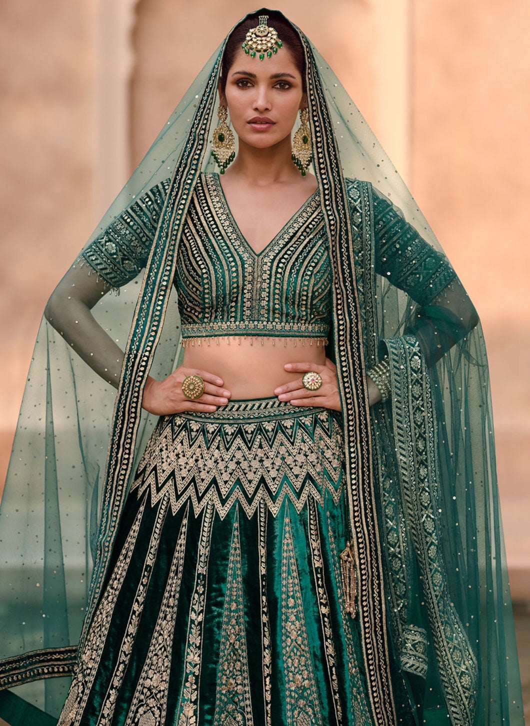 Nayoora Heritage Emerald Velvet Hand-Embellished Bridal Lehenga