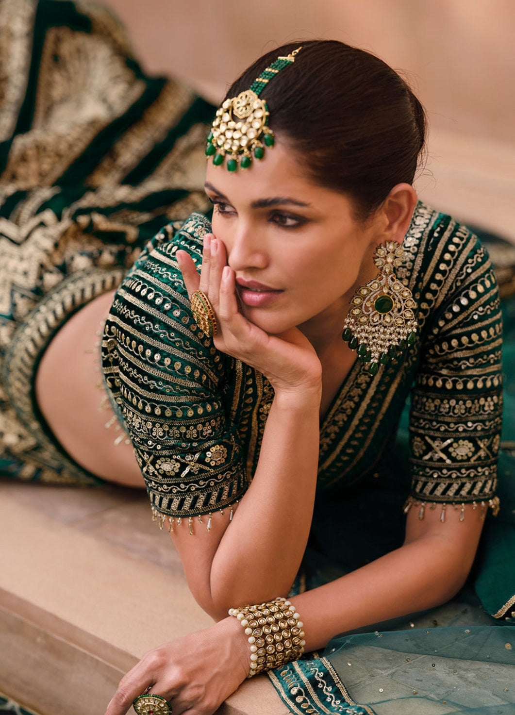 Nayoora Heritage Emerald Velvet Hand-Embellished Bridal Lehenga