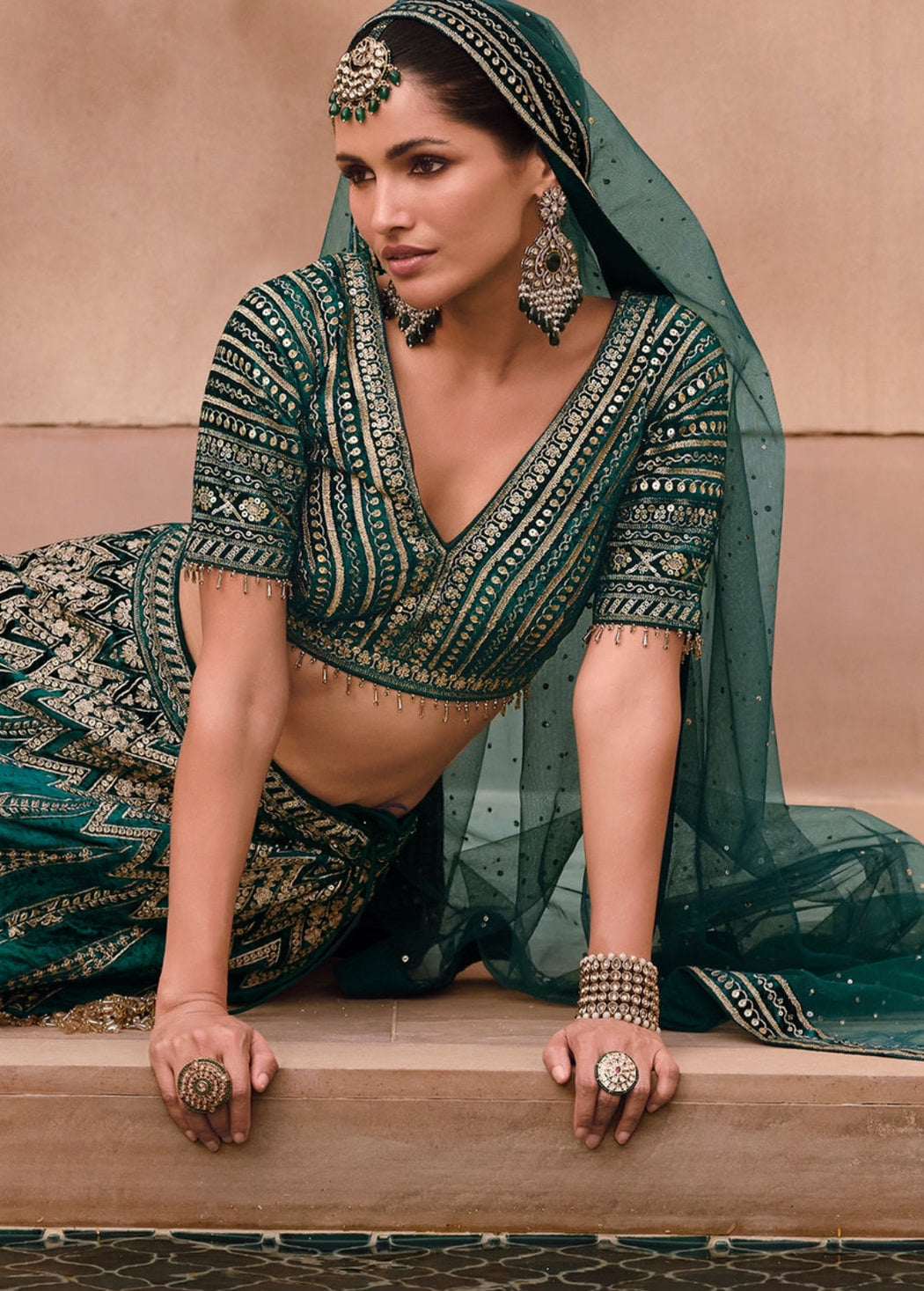 Nayoora Heritage Emerald Velvet Hand-Embellished Bridal Lehenga