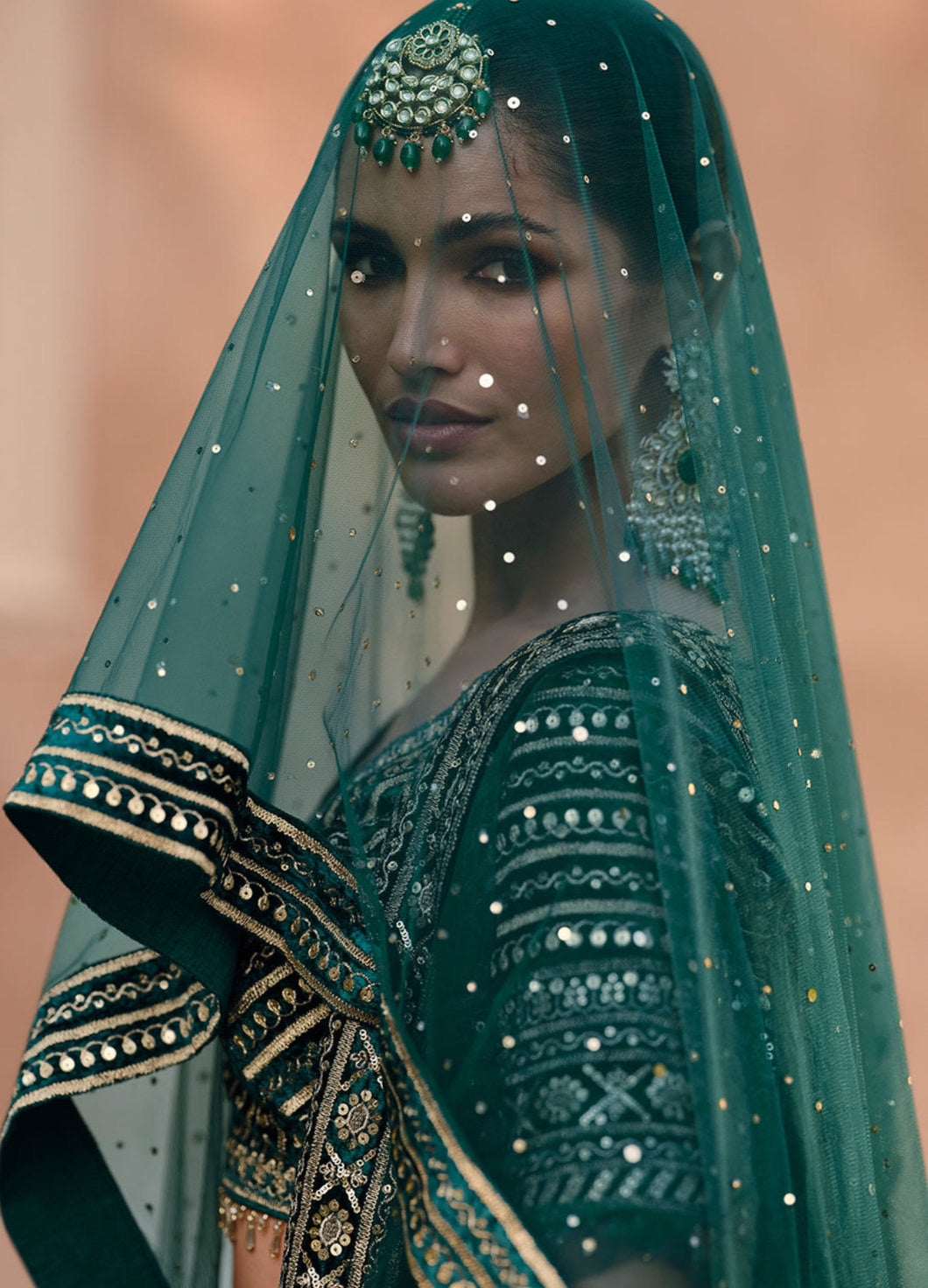 Nayoora Heritage Emerald Velvet Hand-Embellished Bridal Lehenga
