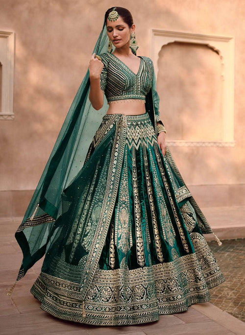 Nayoora Heritage Emerald Velvet Hand-Embellished Bridal Lehenga
