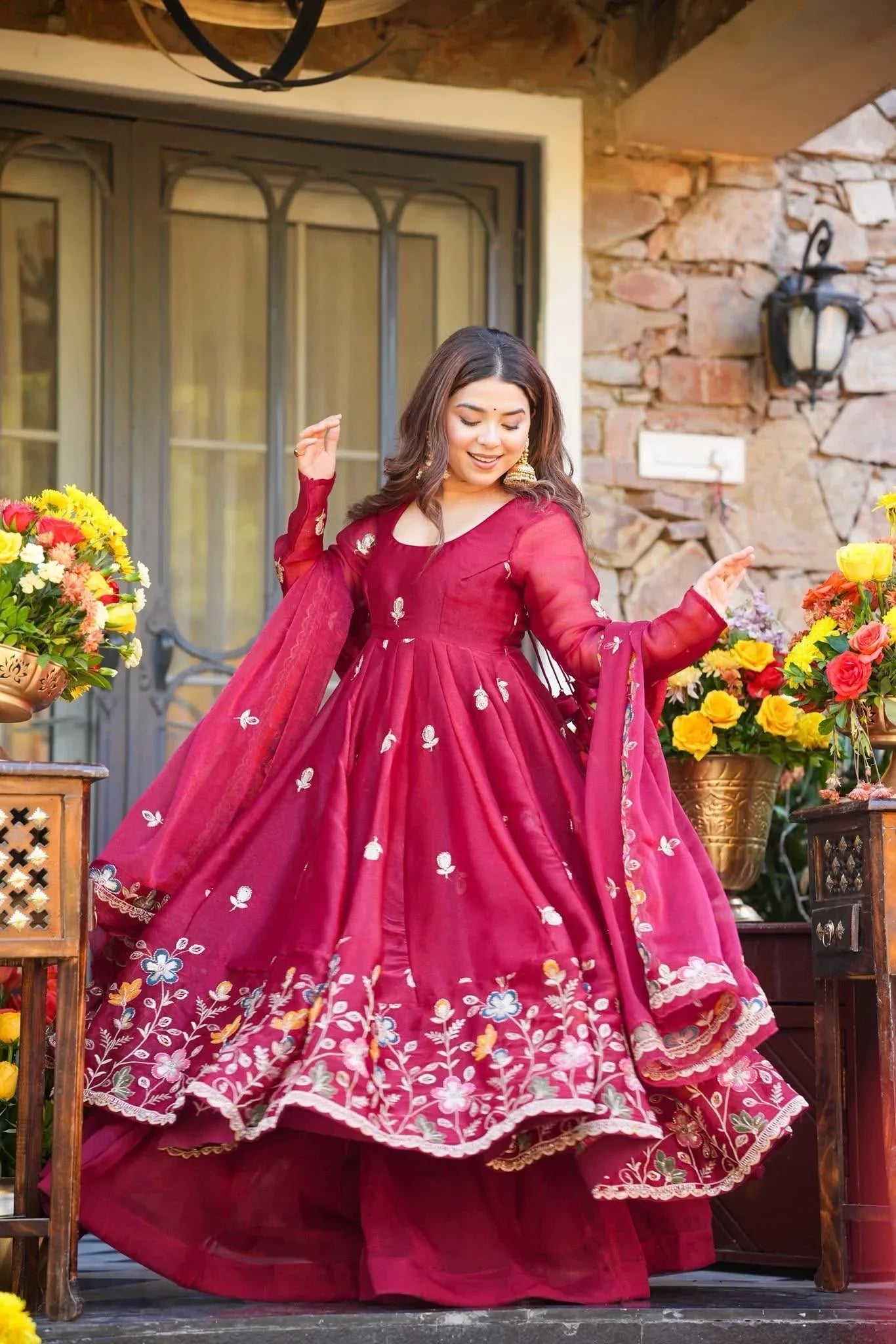 Nayoora Luxe Royal Maroon Floral Thread & Sequin Embroidered Silk Anarkali Set - Nayoora
