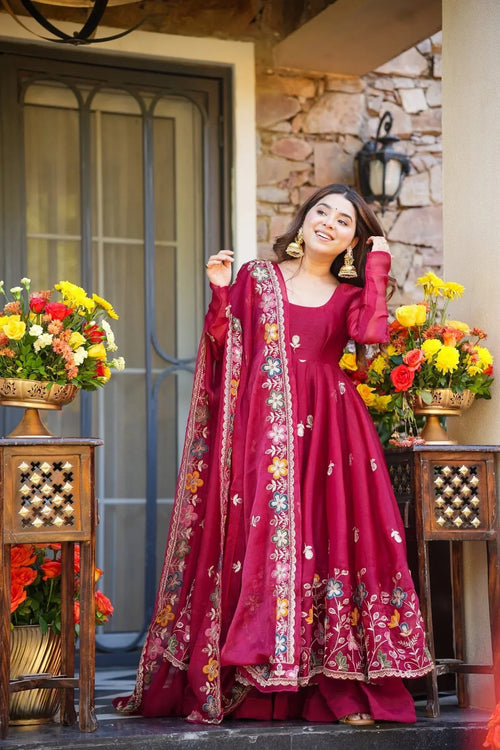 Nayoora Luxe Royal Maroon Floral Thread & Sequin Embroidered Silk Anarkali Set - Nayoora