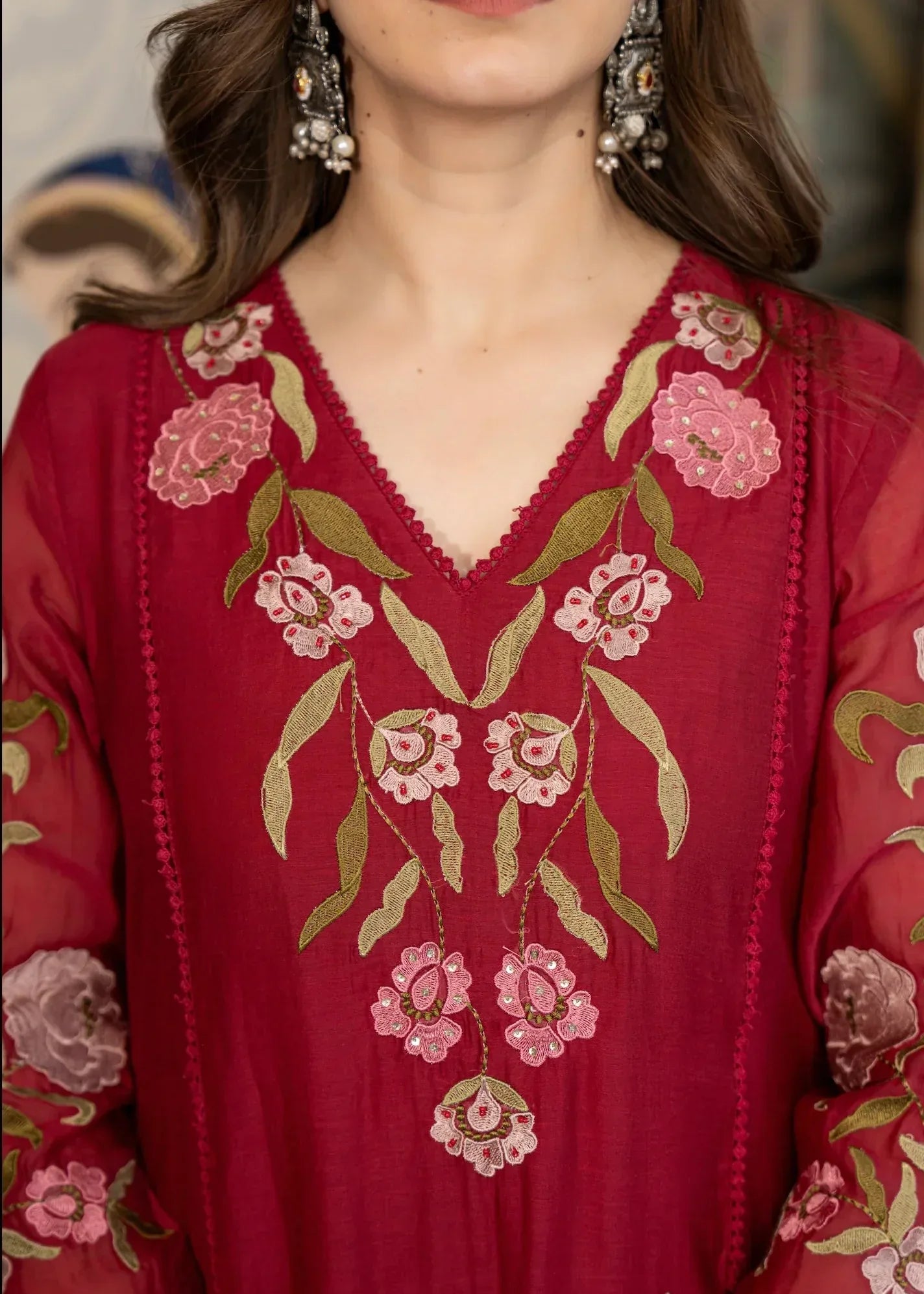 Nayoora Luxe Deep Ruby Red Floral Embroidered Muslin Anarkali Suit Set - Nayoora