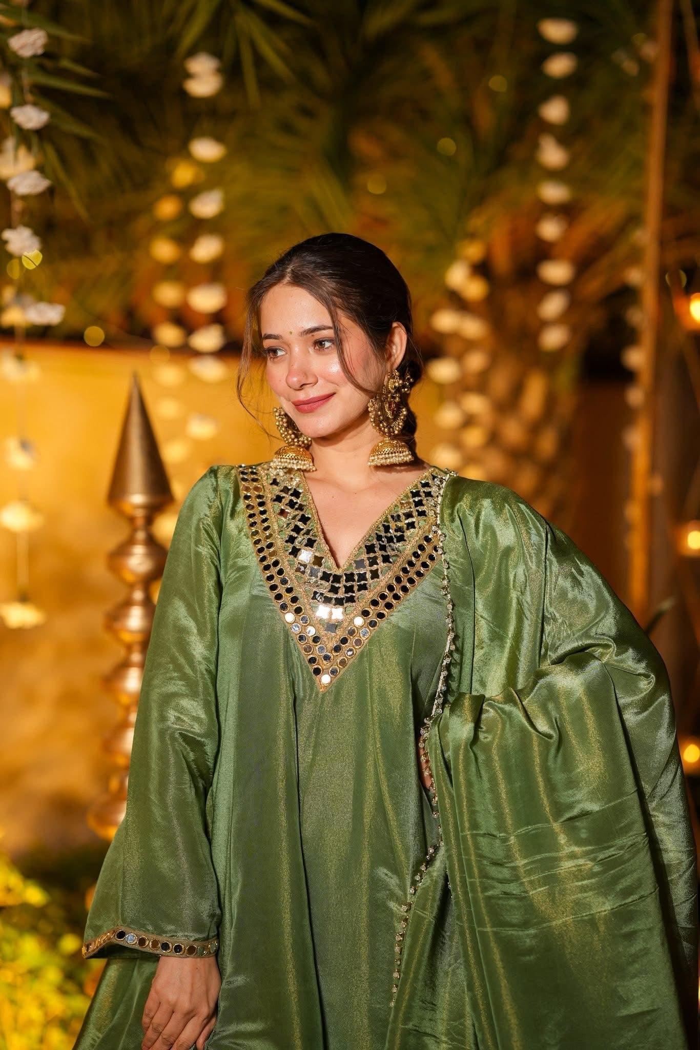 Nayoora Mirror-Work Silk Anarkali Kurti Palazzo Set - Nayoora