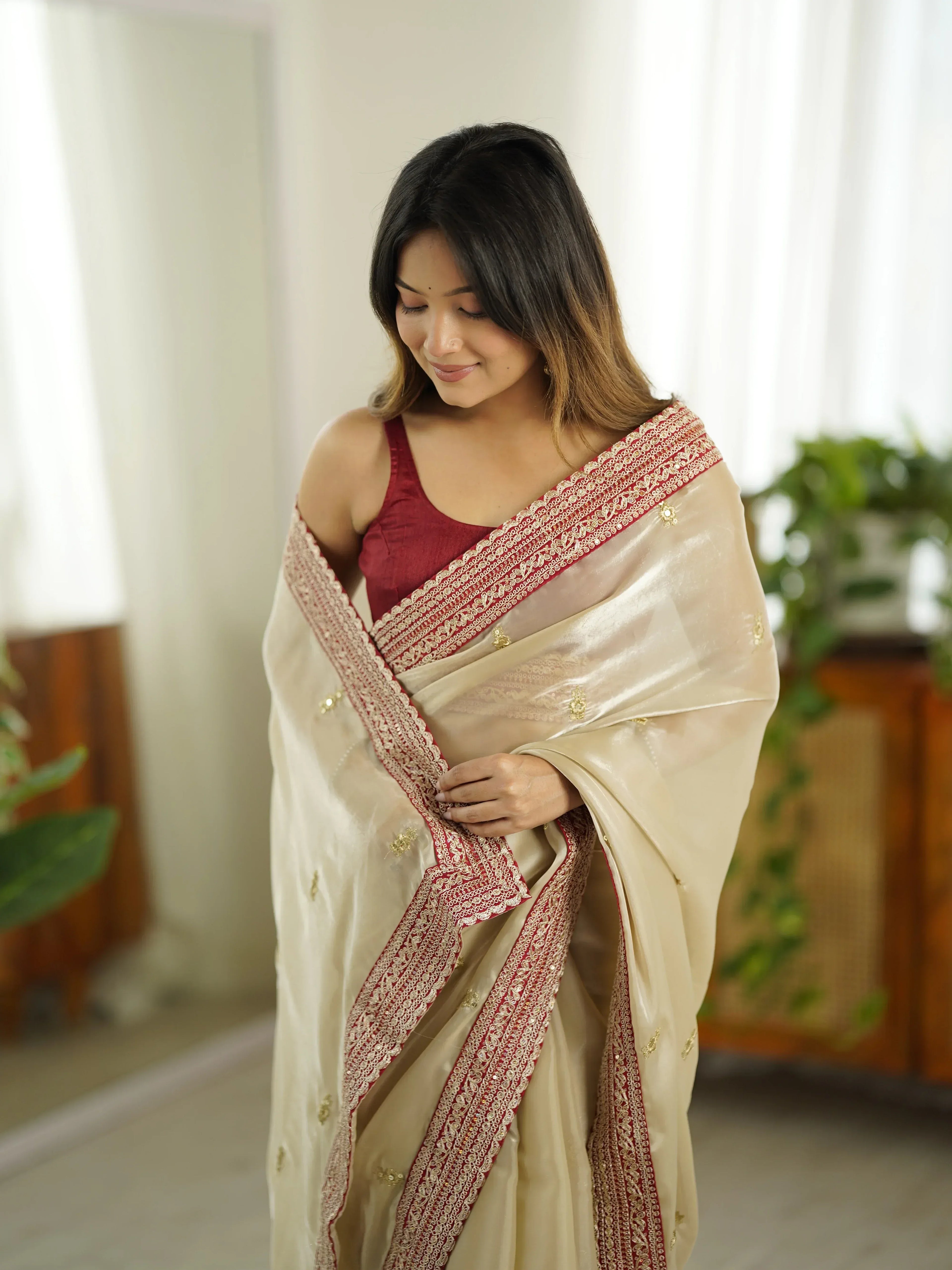 Nayoora Ivory Sequins Satin Silk Designer Saree - Nayoora