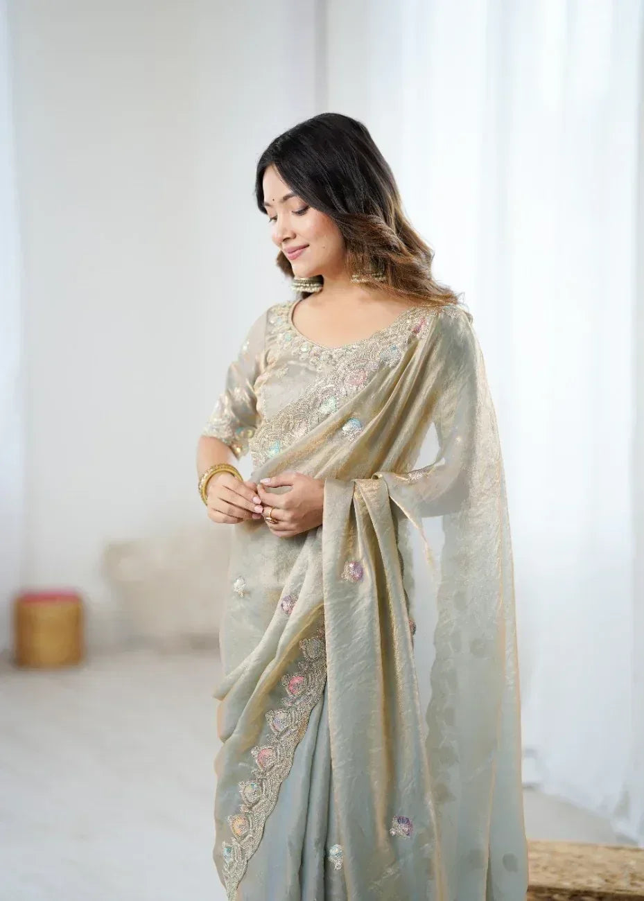 Nayoora Fendy Two-Tone Satin Embroidered Saree - Nayoora