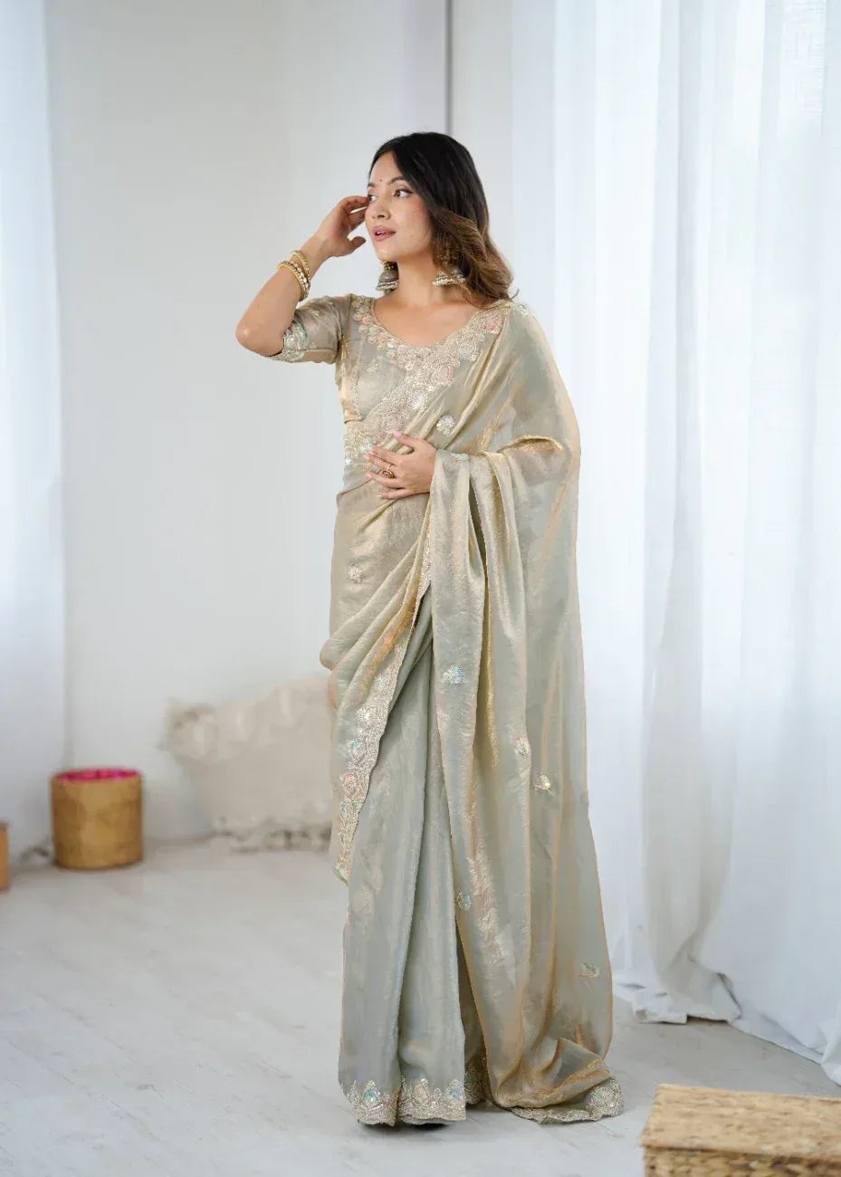 Nayoora Fendy Two-Tone Satin Embroidered Saree - Nayoora