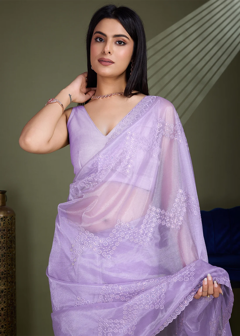 Nayoora Lavender Gold Infused Shimmer Net Embroidered Saree with Scalloped Border
