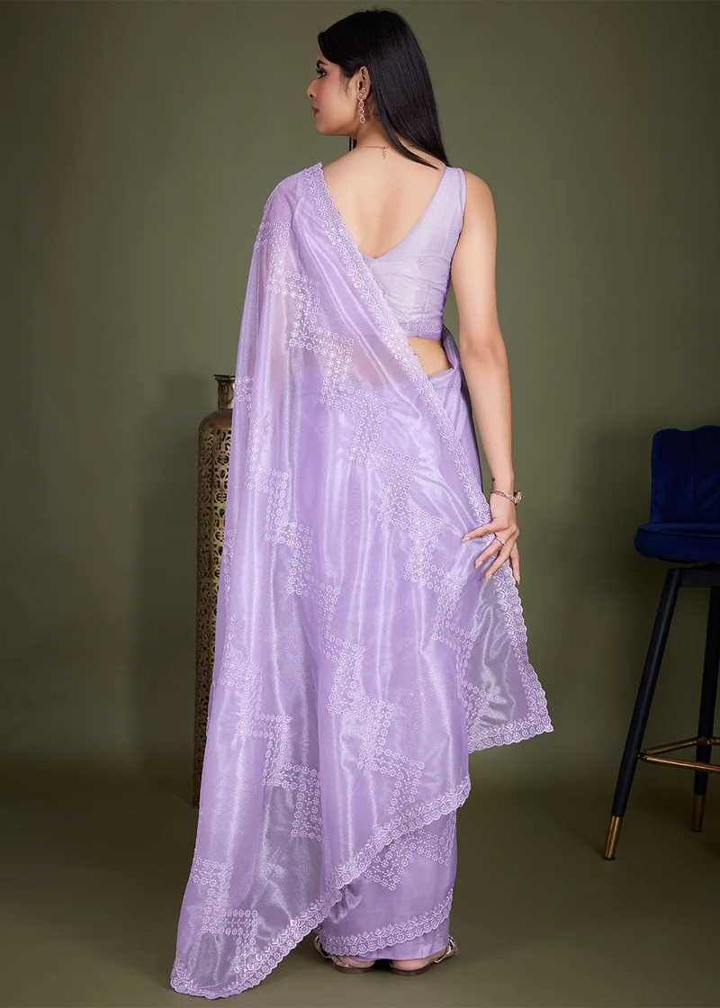 Nayoora Lavender Gold Infused Shimmer Net Embroidered Saree with Scalloped Border