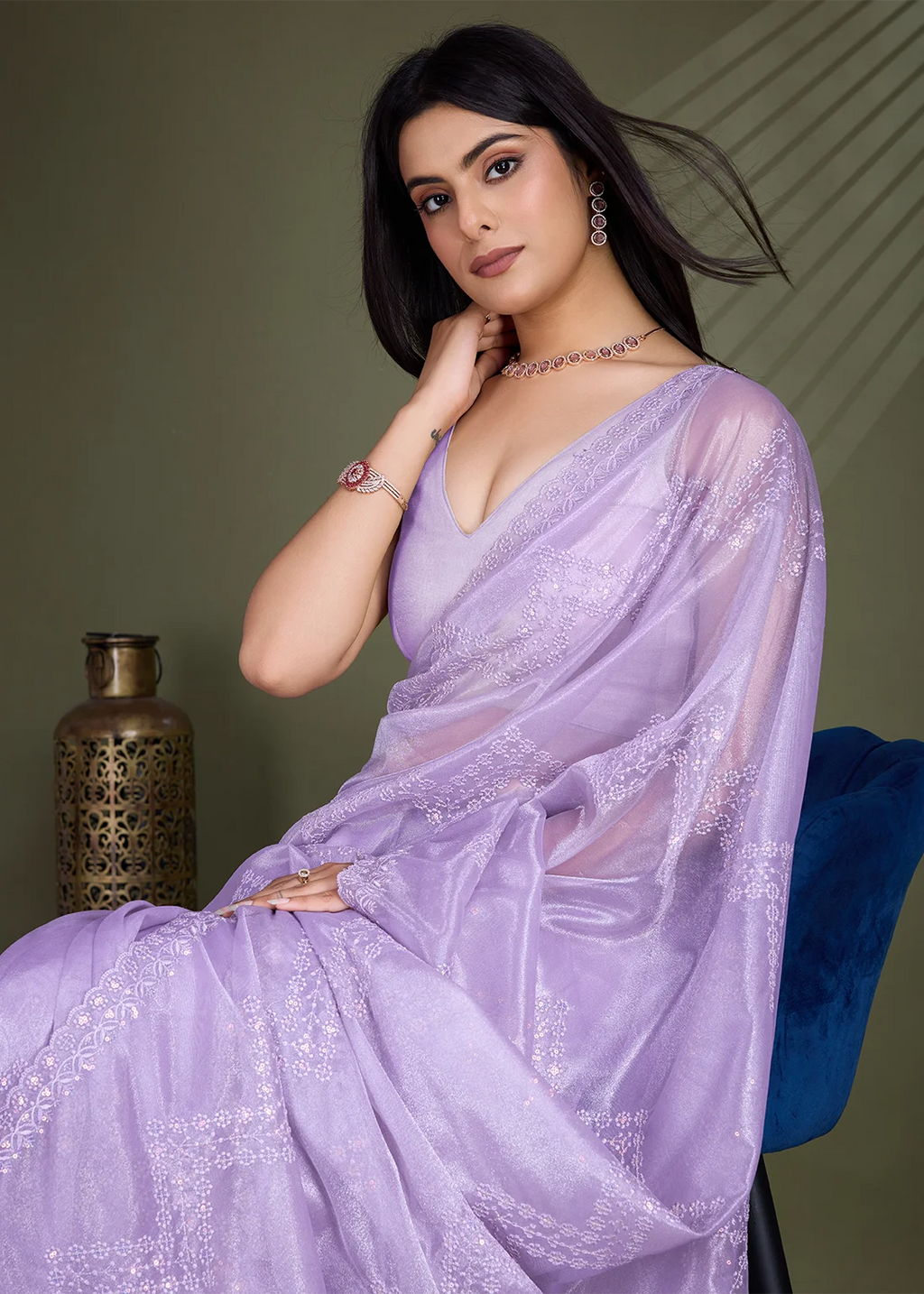 Nayoora Lavender Gold Infused Shimmer Net Embroidered Saree with Scalloped Border