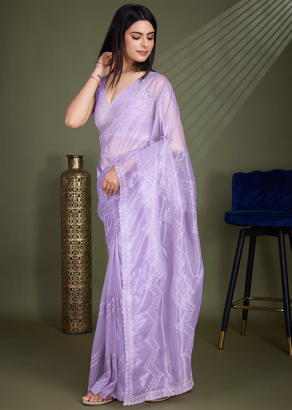 Nayoora Lavender Gold Infused Shimmer Net Embroidered Saree with Scalloped Border