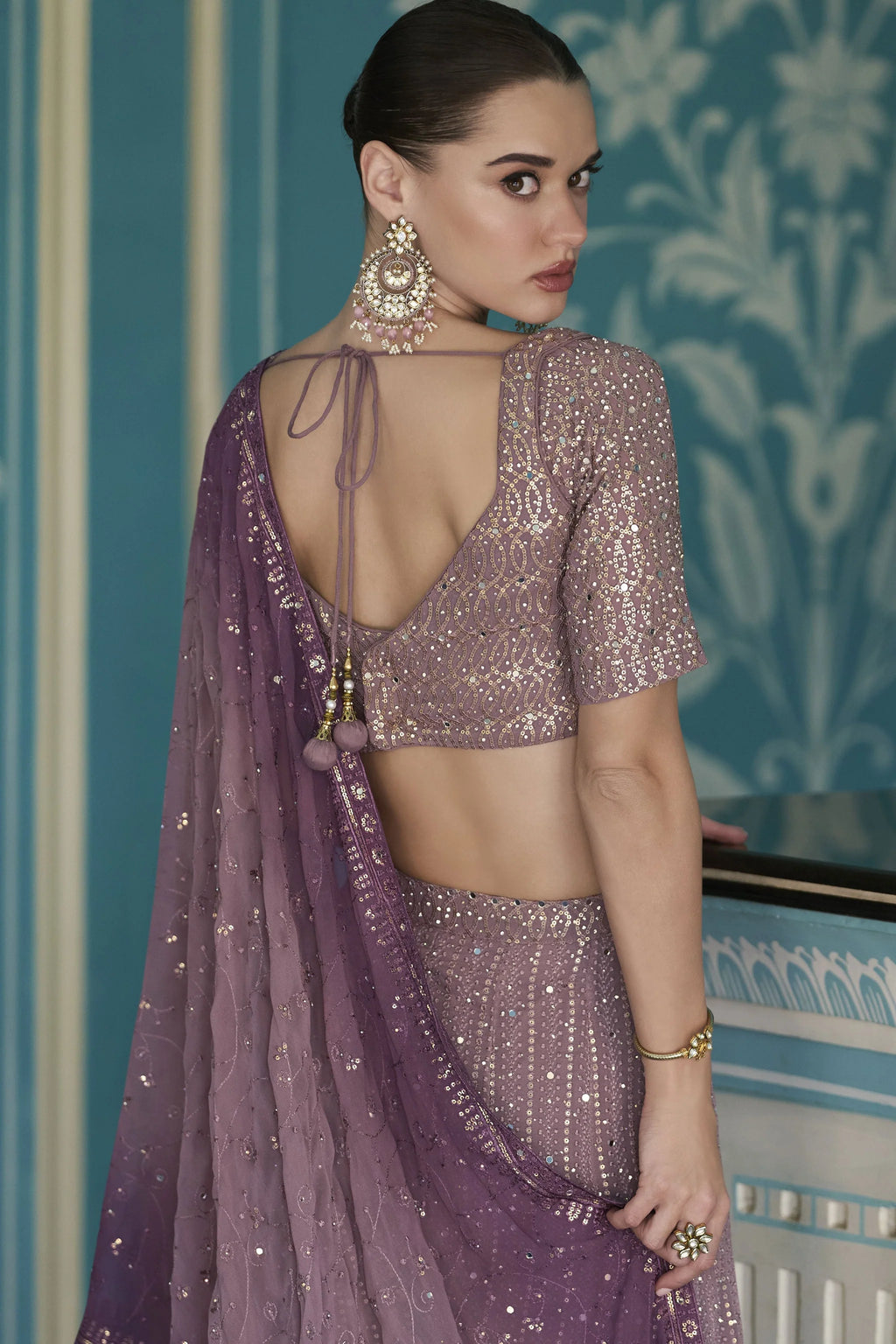 Nayoora Lavender Georgette Embroidered Palazzo Suit Set with Dupatta