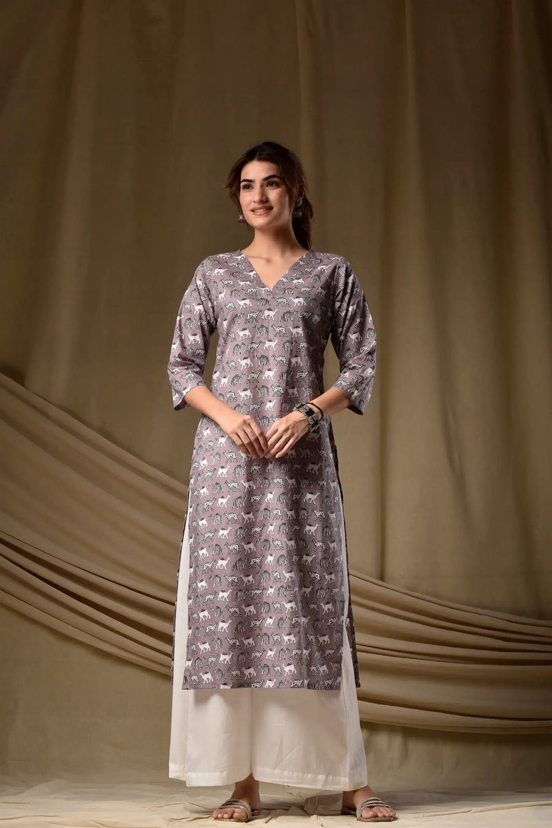 Mauve printed rayon kurti with V-neck, 3/4 sleeves, all-over animal motifs