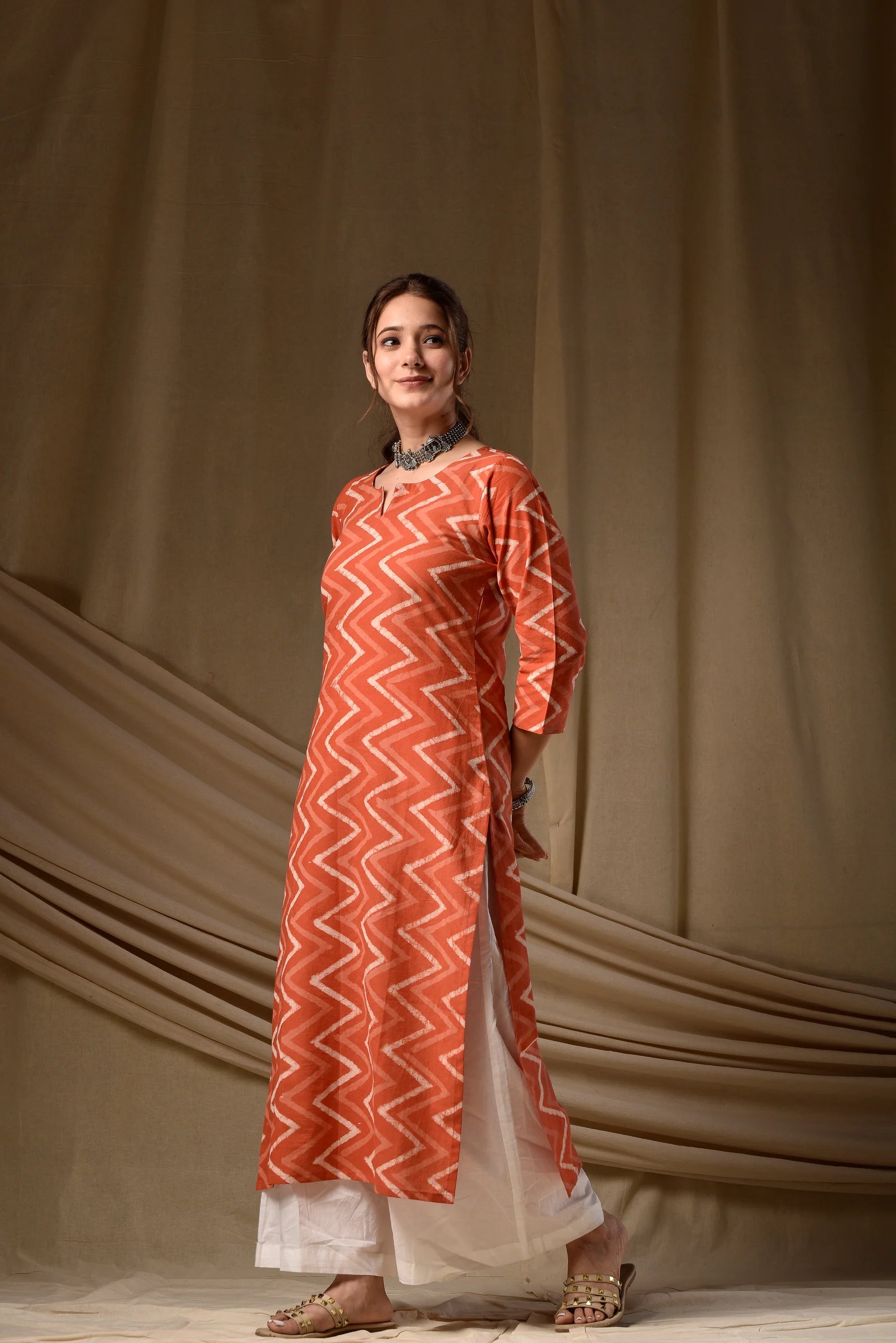 Nayoora Rust Orange Zigzag Cotton Kurti