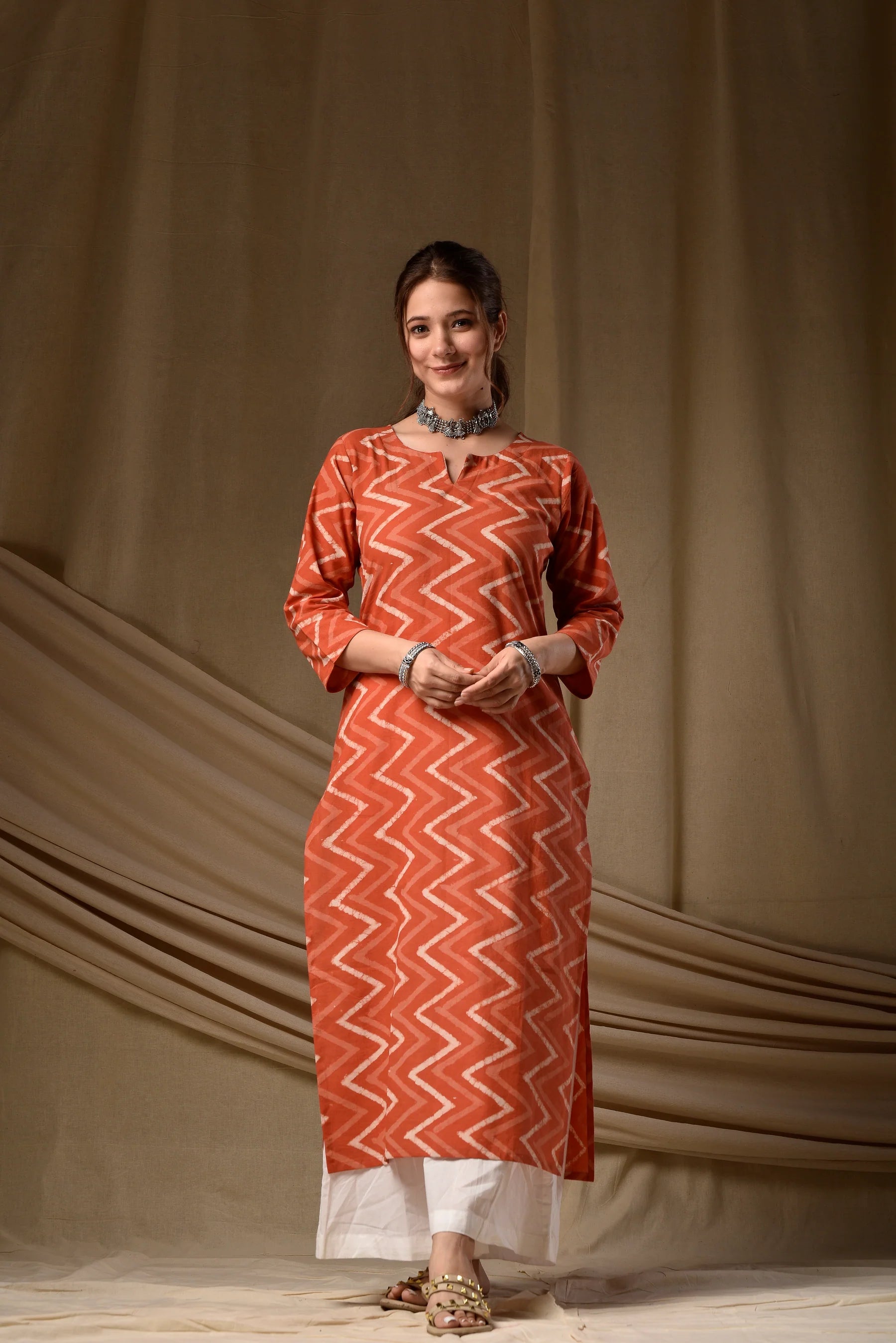 Nayoora Rust Orange Zigzag Cotton Kurti