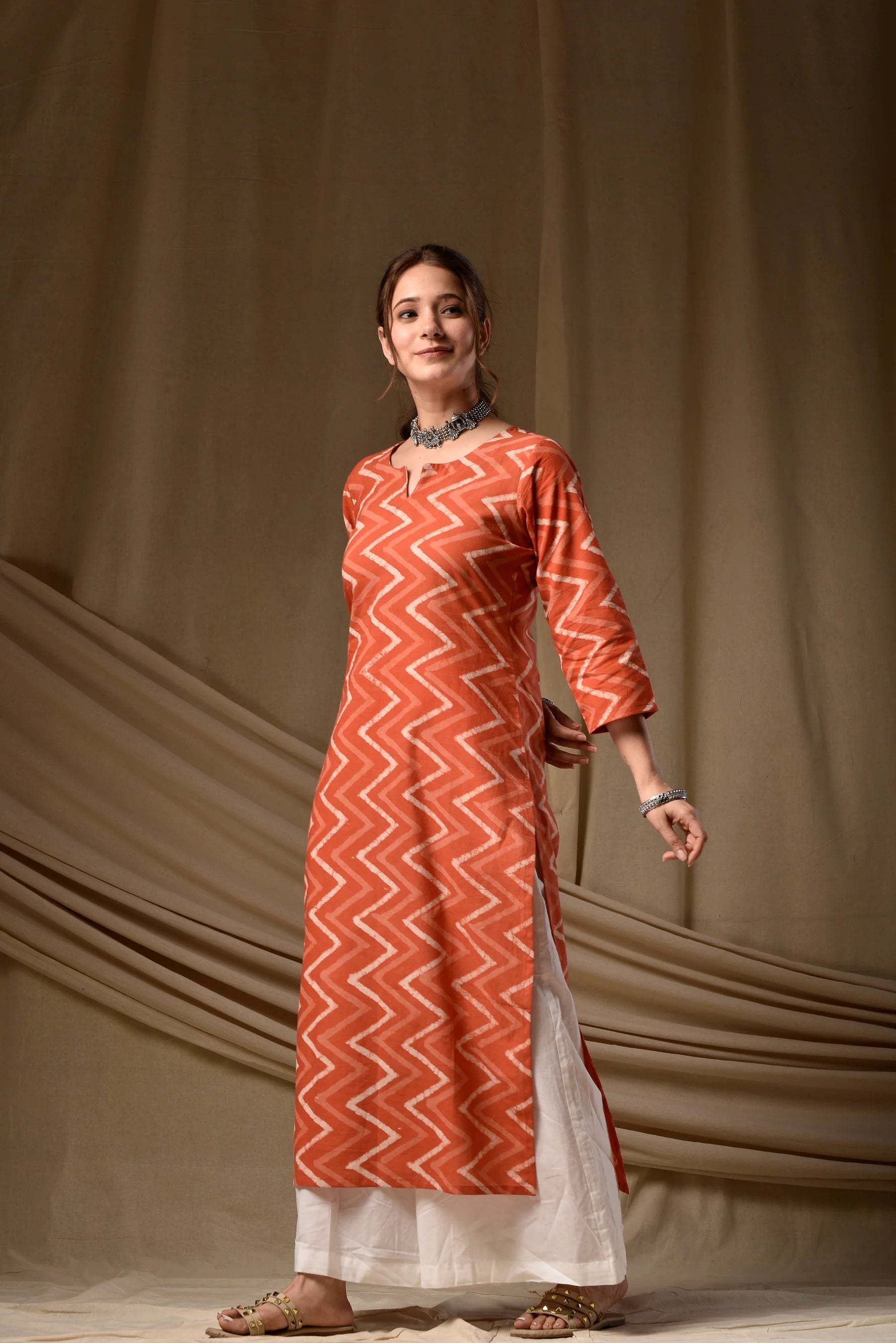 Nayoora Rust Orange Zigzag Cotton Kurti