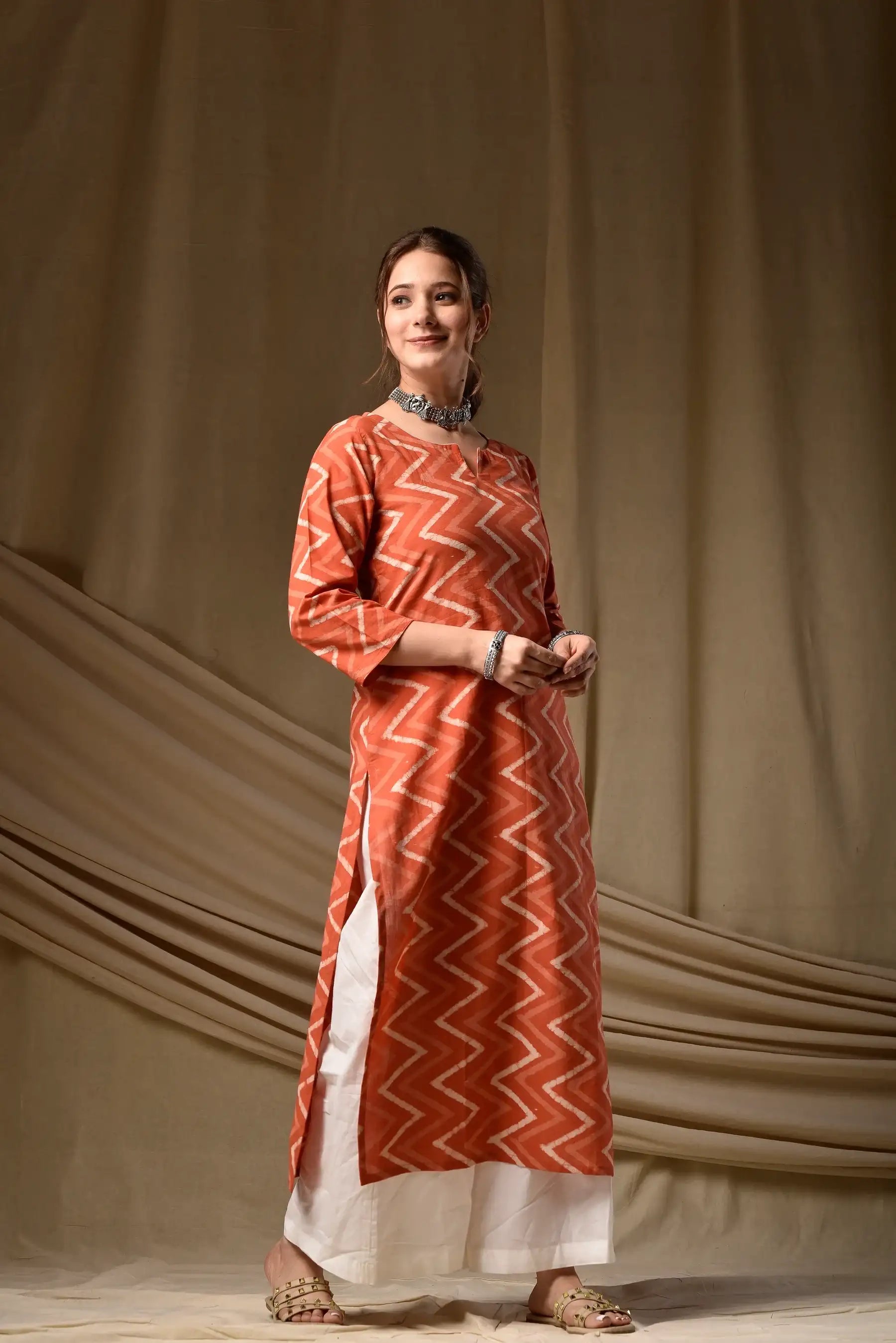 Nayoora Rust Orange Zigzag Cotton Kurti