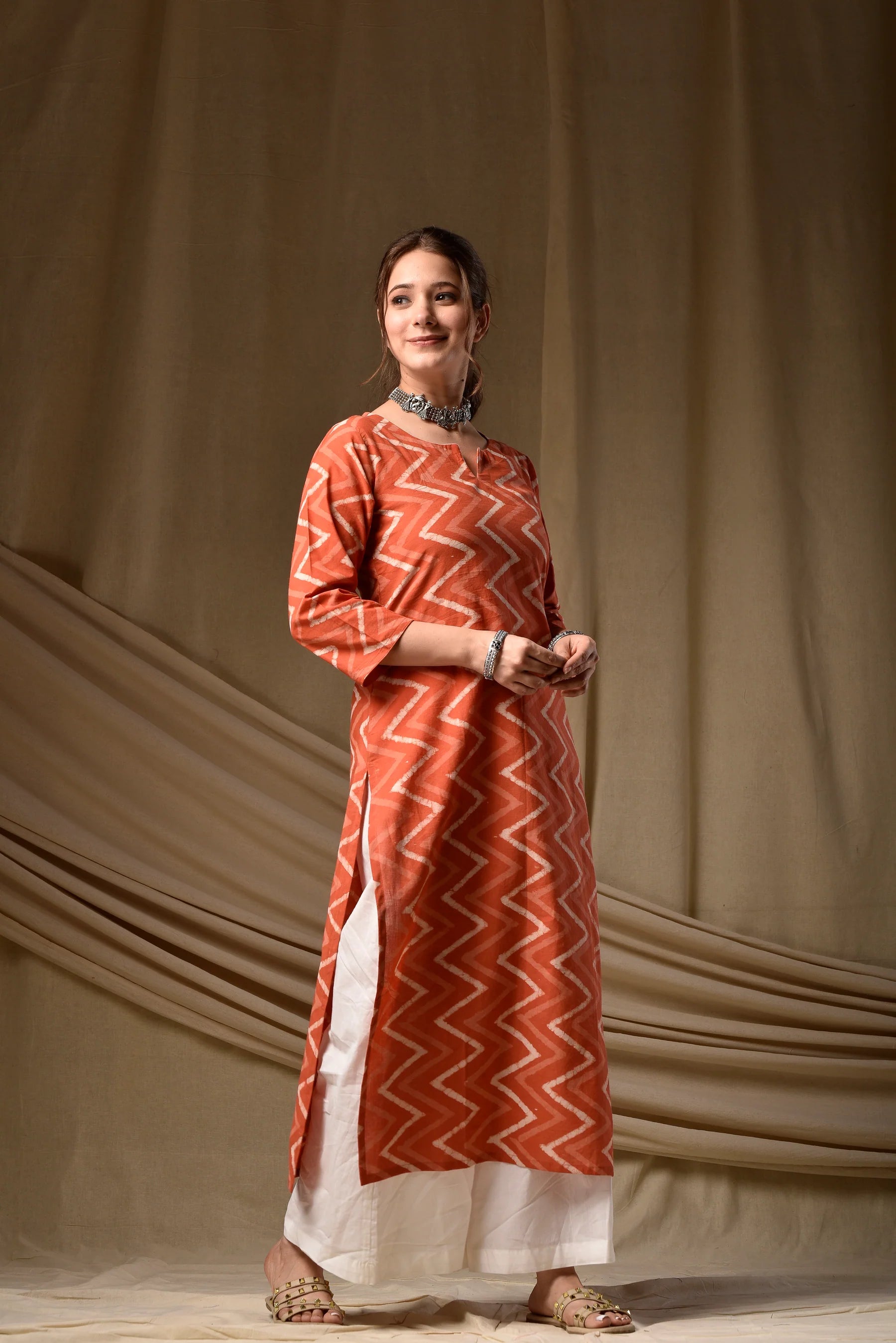 Nayoora Rust Orange Zigzag Cotton Kurti