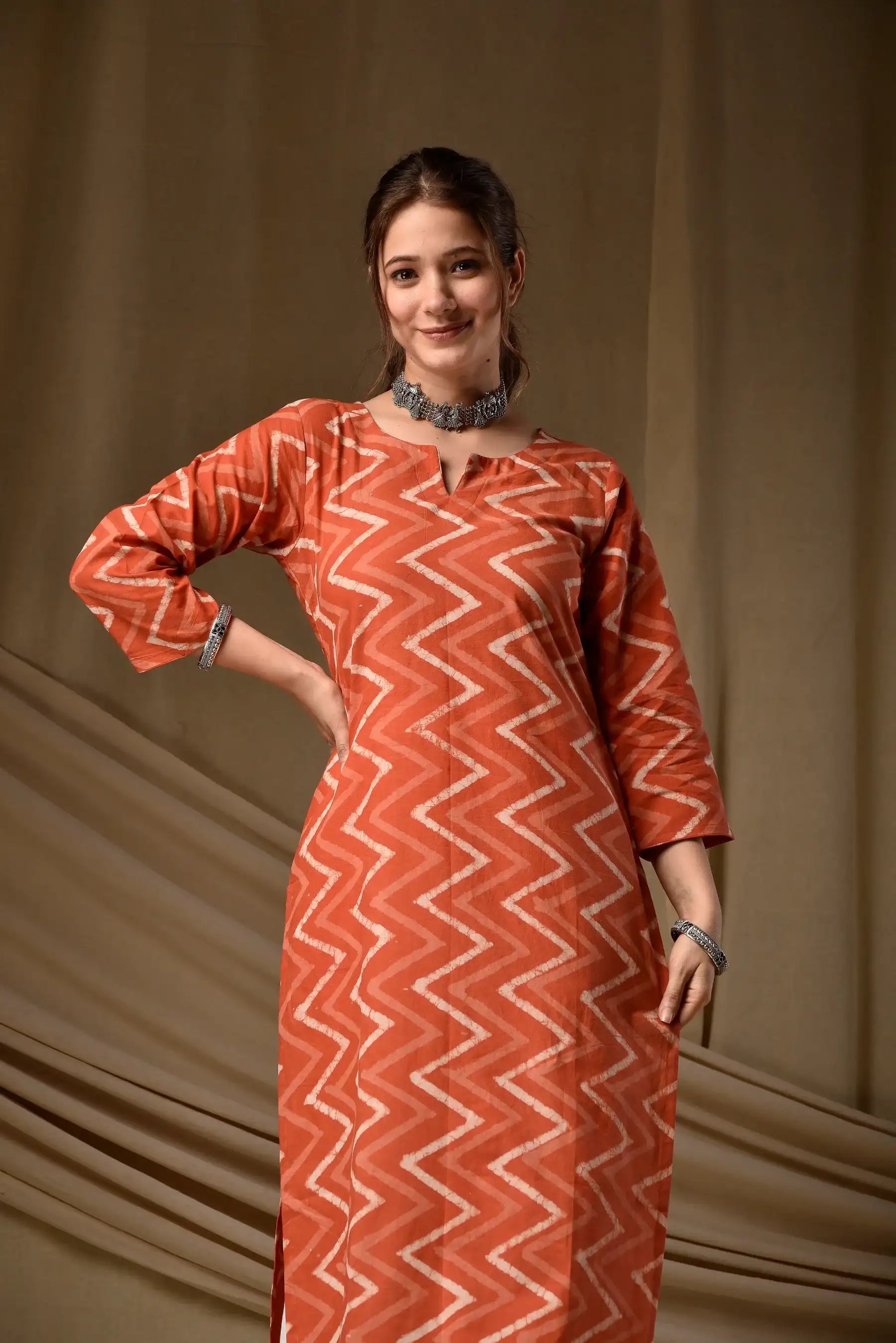 Nayoora Rust Orange Zigzag Cotton Kurti