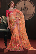 Nayoora Peach Floral Embroidered Linen Silk Saree with Designer Blouse