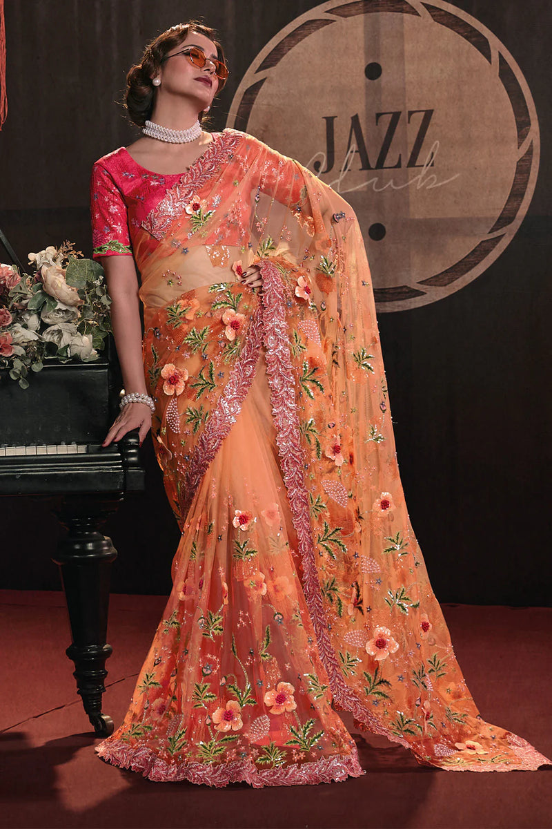Nayoora Peach Floral Embroidered Linen Silk Saree with Designer Blouse