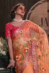 Nayoora Peach Floral Embroidered Linen Silk Saree with Designer Blouse
