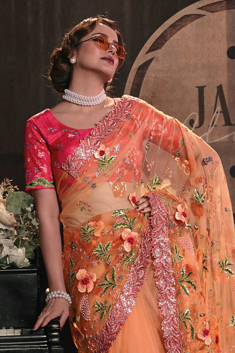 Nayoora Peach Floral Embroidered Linen Silk Saree with Designer Blouse