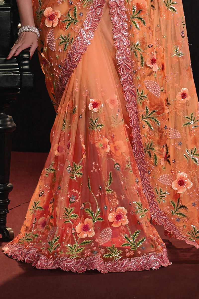 Nayoora Peach Floral Embroidered Linen Silk Saree with Designer Blouse