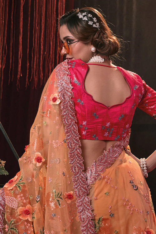 Nayoora Peach Floral Embroidered Linen Silk Saree with Designer Blouse