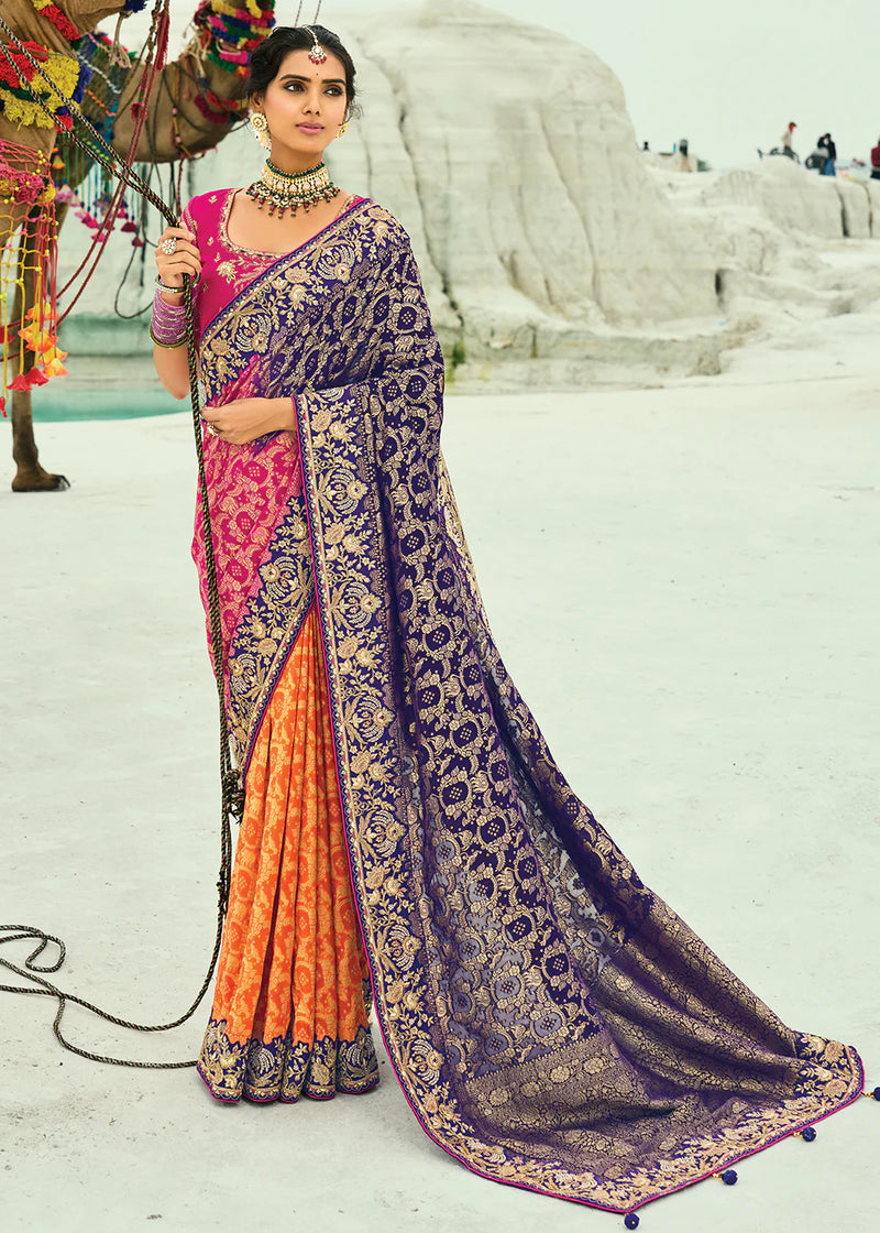 Nayoora Royal Twilight Pink & Orange Georgette Embroidered Saree